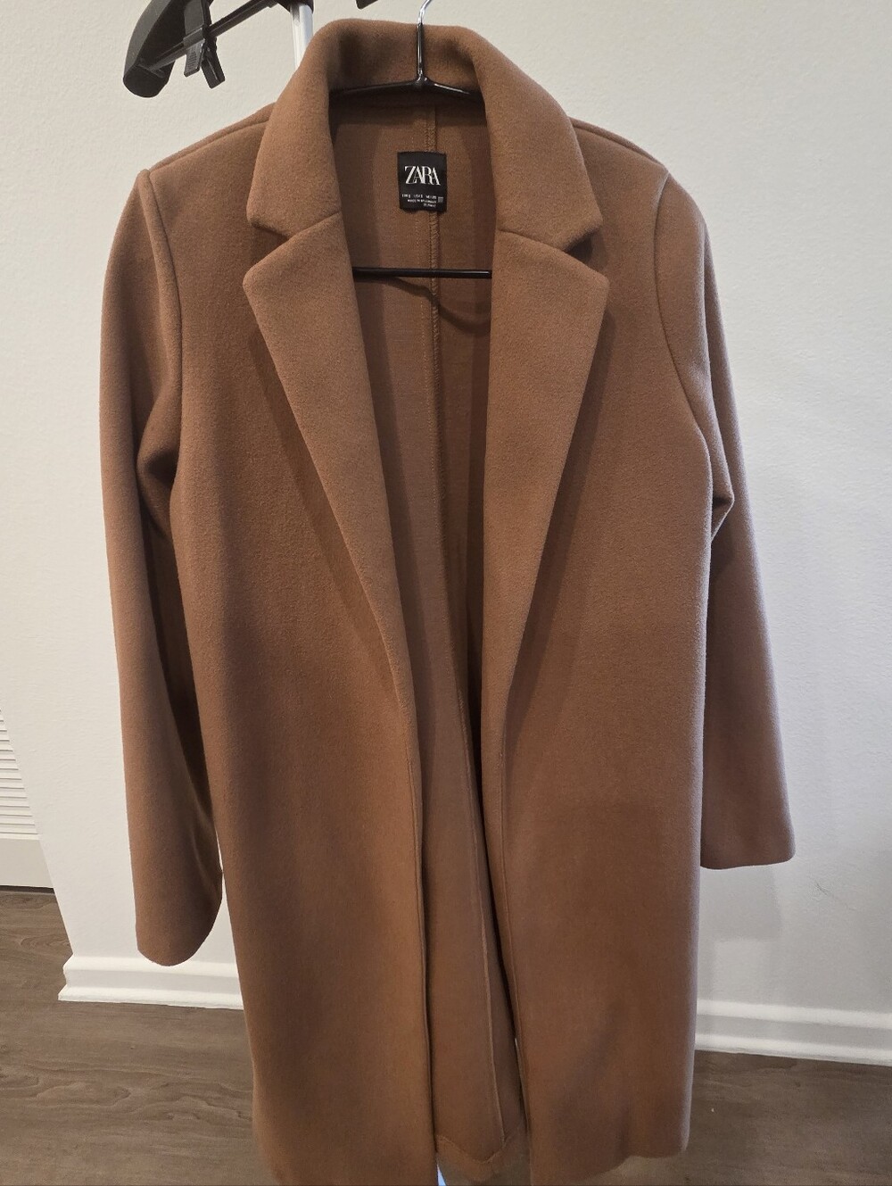 ZARA Camel Tan Long Open Front Lapel Coat Jacket Minimalist Quiet Luxury Size S